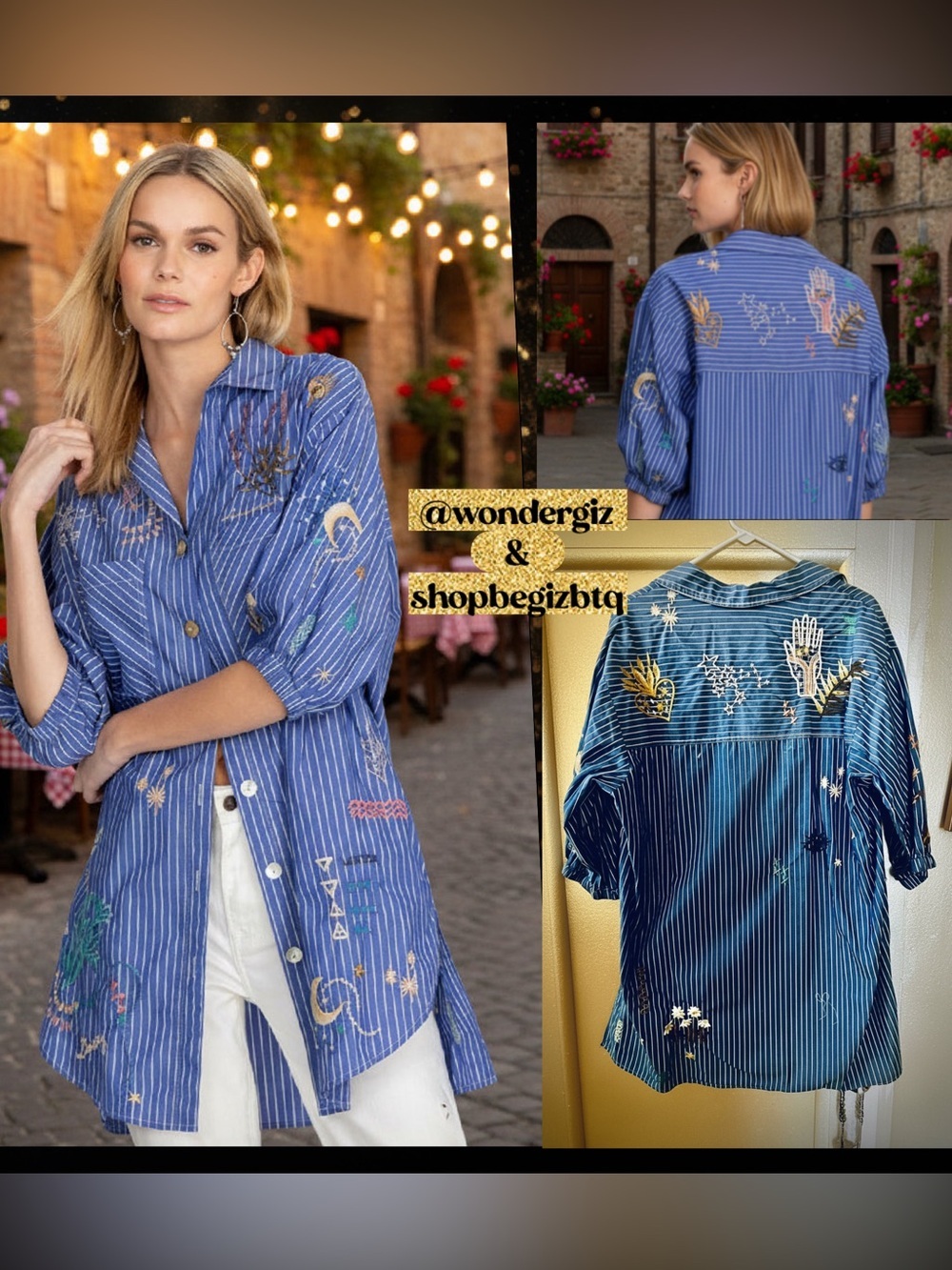 Johnny Was Sezane Weekend Oversized Blue Striped Embroidered Tunic Size Large - Picture 1 of 9